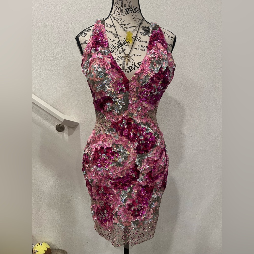 Floral Pink and Silver Sequin Dress